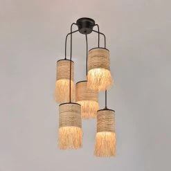Market Set Suspension 5 Lumièrse En Bana Et Raphia H118cm Frange - Formentera -Sema Design Boutique 623100 FRN02 WEB